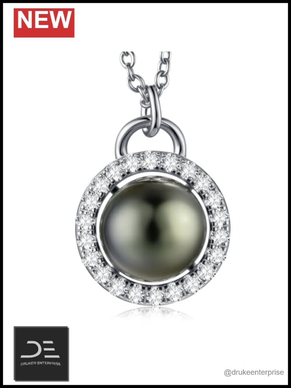 925 Sterling Silver Tahitian Black Pearl Necklace Moissanite Accents Pendant